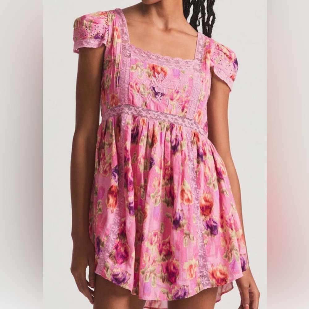 LoveShackFancy Nutmeg Cotton Embroidered Eyelet Lace Mini Dress Wild Pink Rose 8